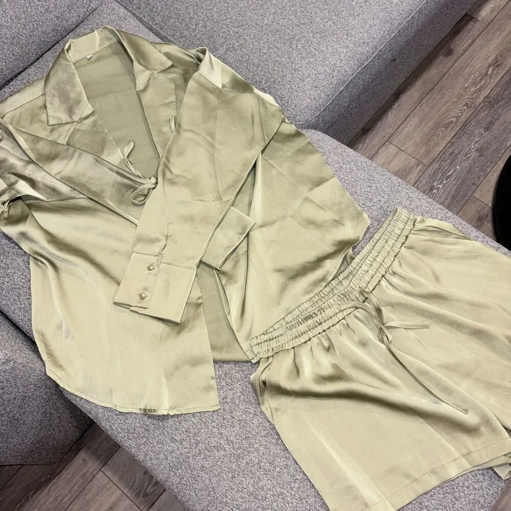 Light Olive Green Satin Tie Front Blouse & Shorts Set XL